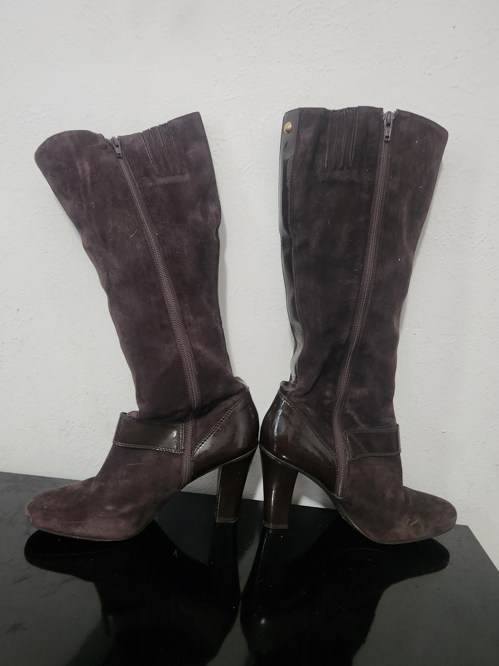 ANTONIO MELANI Dark Brown Suede Mid-Calf Heeled Boots with Buckle Detail - Picture 3 of 10